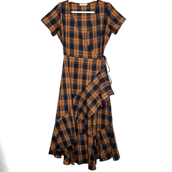 Stelen Dresses & Skirts - Stelen Cotton Plaid Wrap Dress Orange Navy Green Fall Plaid Size Med Ruffle Hem